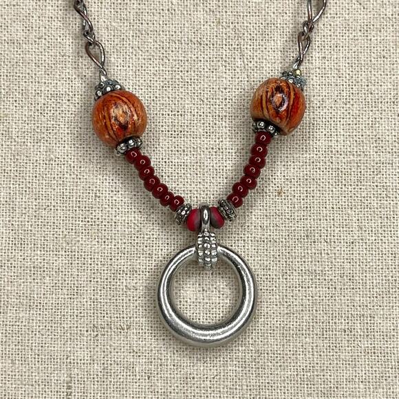 Vintage Chain and Beaded Necklace Silver Tone Red and Wooden Beads - Picture 2 of 9